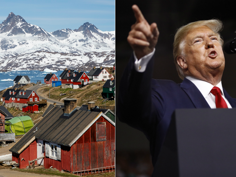 At left, Greenland. At right, U.S. President Donald Trump.